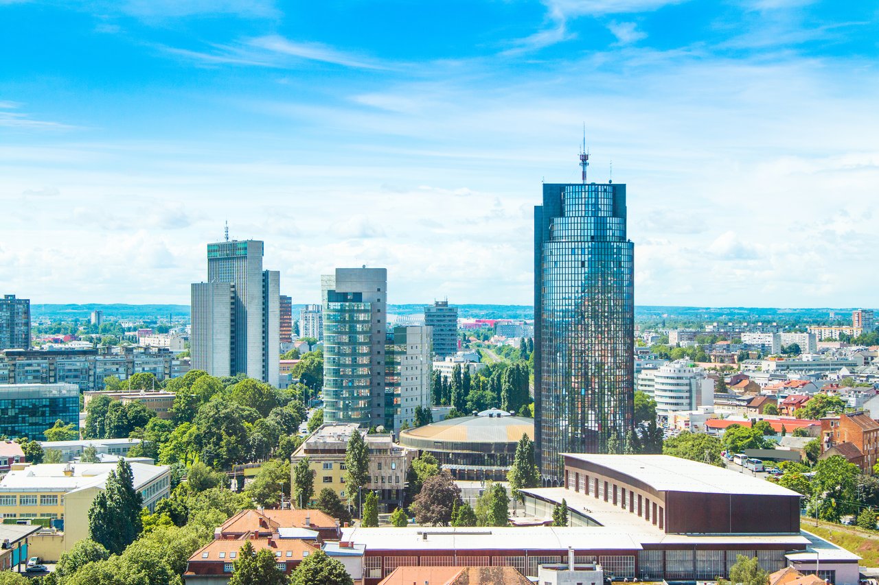 Croatia, Zagreb, panoramic view of city center and modern business towers, urban skyline