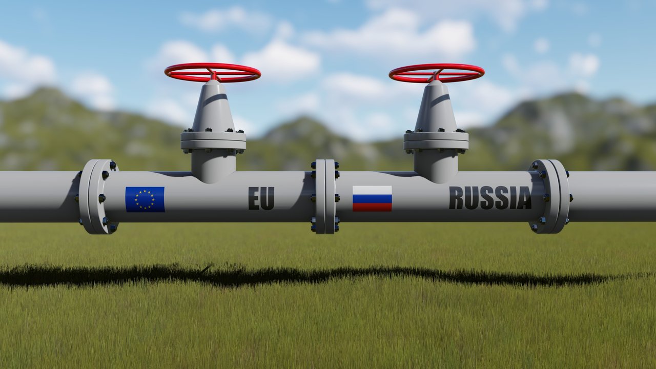 <p>The gas pipeline with flags of Russia and EU. 3d rendering</p>