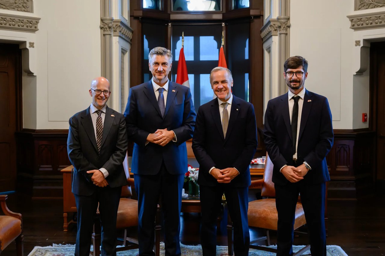<p>Kevin Toderal. Andrej Plenković, Mark Carney i Ivan Jelušić</p>