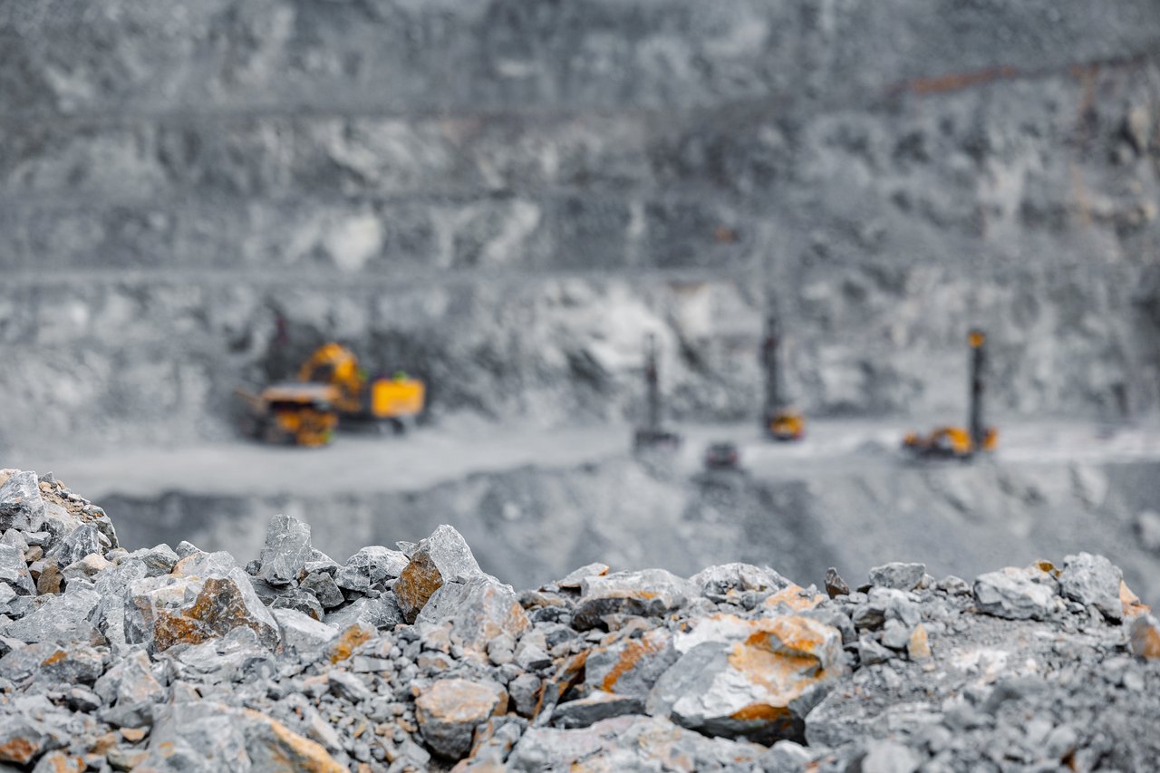 <p>Industry open pit mine for extraction of gold, copper and iron using big yellow truck industrial machines.</p>
