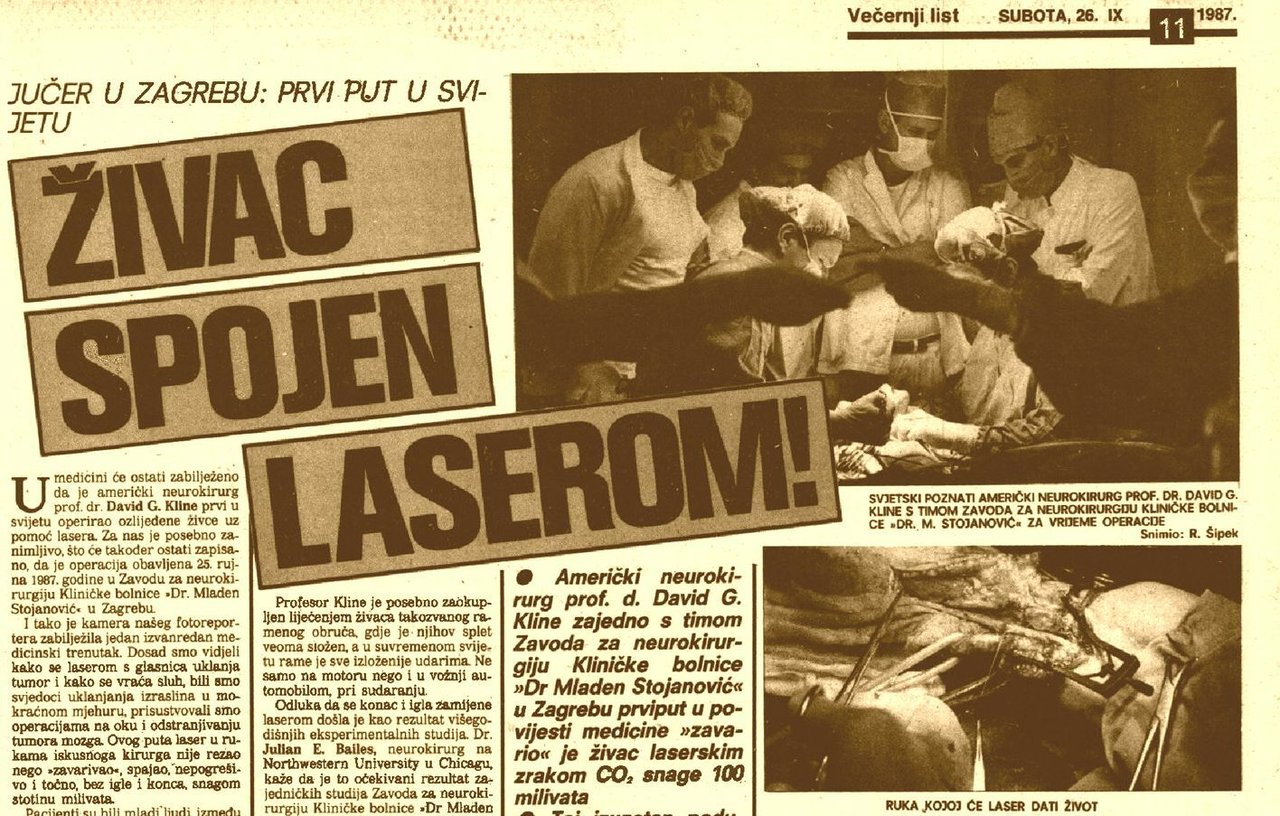 <p>Presječeni živac prvi put je spojen pomoću lasera u Zagrebu 25. rujna 1987. (presnimka iz Večernjeg lista)</p>